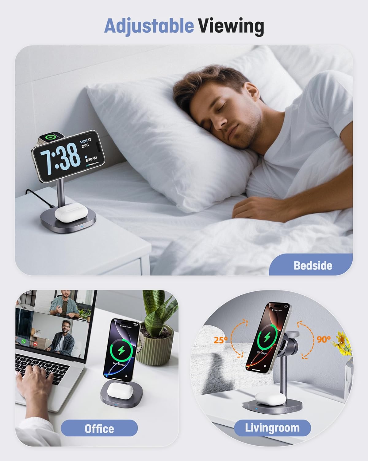 2025 New Magnetic Wireless Charger with Active Cooling, 15W Qi2 Fast 3 in 1 Charging Station for Apple Charger Stand, Wireless Charger for iPhone16/15/14/13/12 Series, Apple Watch, AirPods