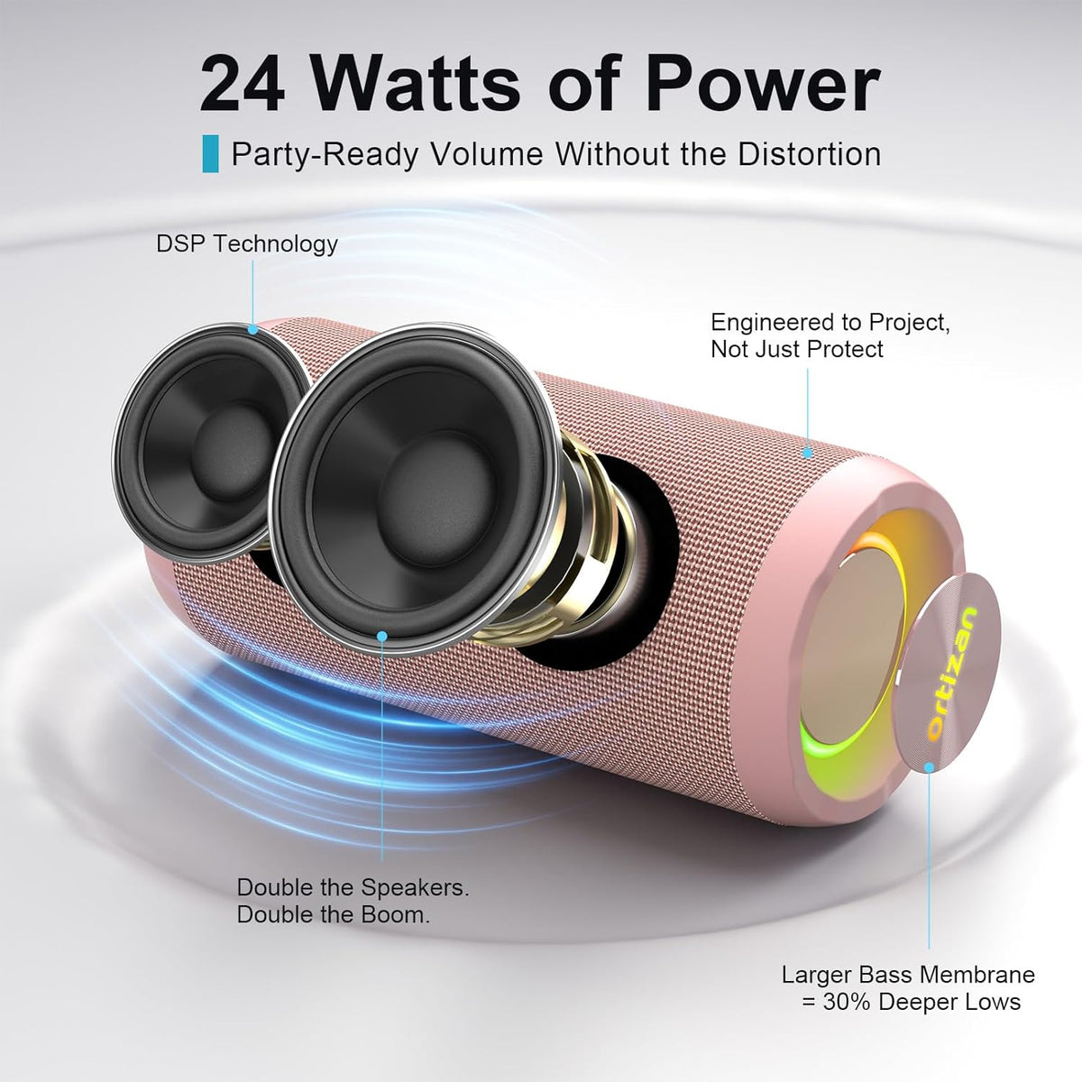 Ortizan Wireless Portable Bluetooth Speaker, IPX7 Waterproof, Dustproof and Rustproof, Powerful 24W Sound, Enhanced Bass, 30 Hour Battery, 360° Party Light, and Stereo Pairing (BT 5.3), Gifts - Pink