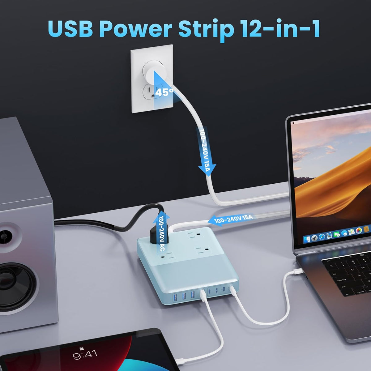 12-in-1 Charging Station USB C Power Strip with 5ft Cord,200W GaN IV USB C Charger Block,4 AC Outlets,4 USB-A,4 USB-C for MacBook,iPhone 16/15/14,Fast Charging Desktop Charger for Office (Light Blue)