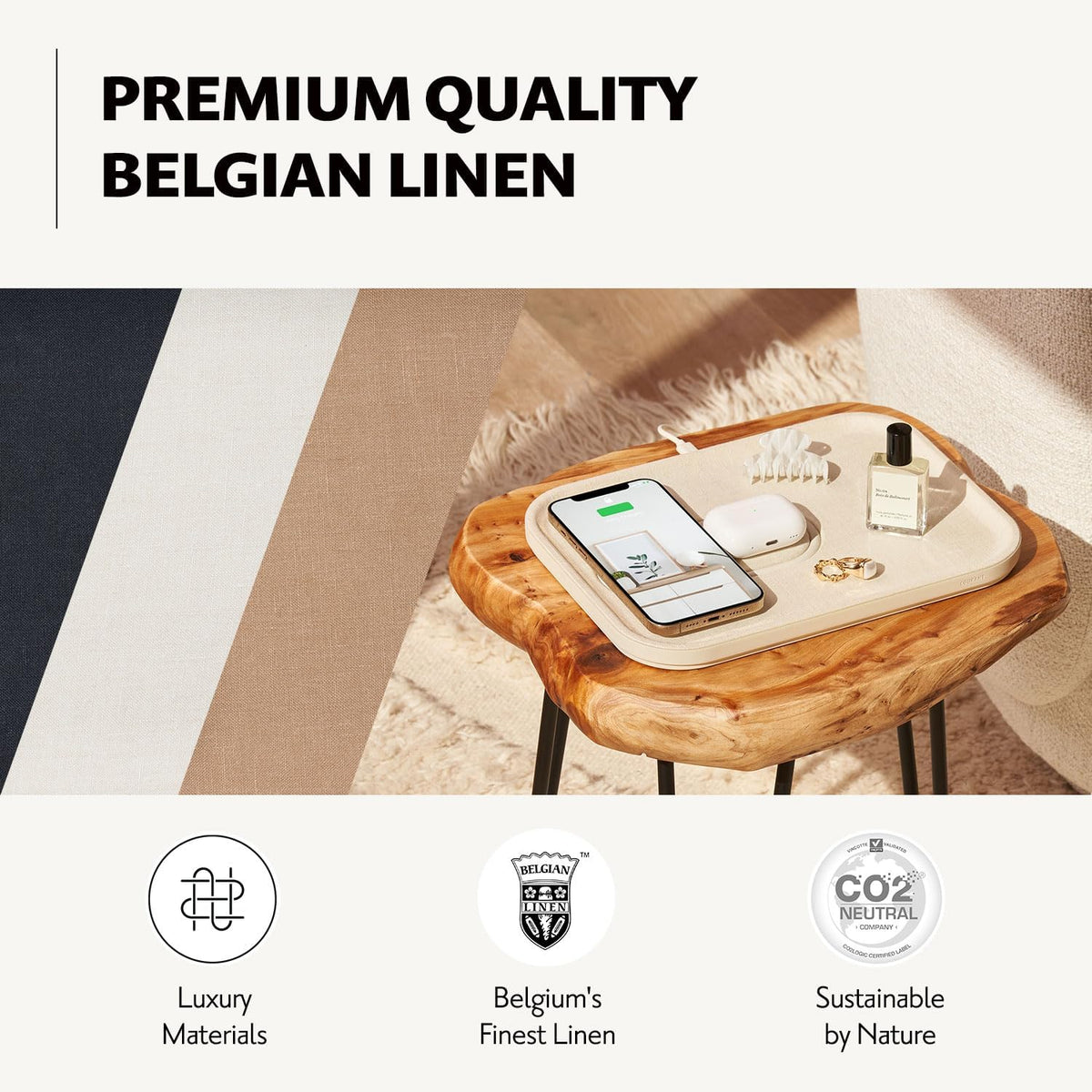 COURANT MAG:3 Charger and Tray - Belgian Linen, Multi-Device Charger Compatible with MagSafe iPhones 16, 15, 14, 13, 12 or Wireless AirPod Cases (Camel)