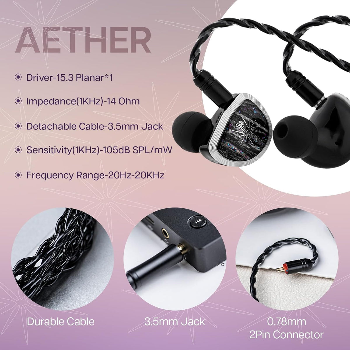 Linsoul Kiwi Ears Aether in Ear Monitor, 15.3mm Large Planar Driver IEM Earphone, HiFi Wired Earbuds, Gaming Earbuds with 2Pin Detachable Cable for Professional Musician Audiophile Gamer