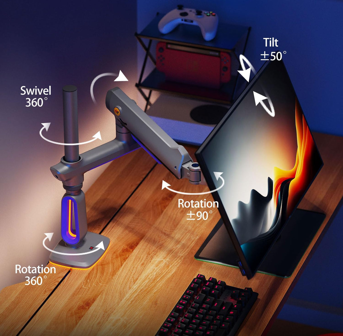 RGB Gaming Monitor-Arm for Flat/Ultrawide/Curved Monitors 32 to 60 inch, Heavy Duty Stand Load up to 20 kg, VESA 75/100 mm Monitor Mount G80