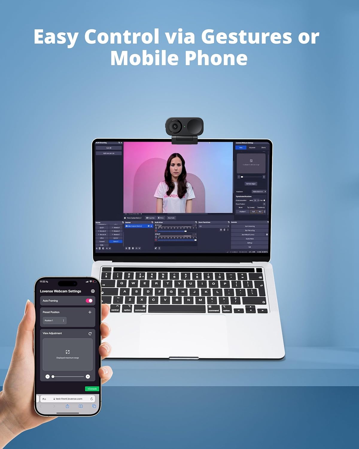 LOVENSE Webcam 2 4k for PC, Live Streaming Camera 1/2" Sensor True Focus Al Noise Canceling, Hand Gesture Control, Mobile Control, Auto Framing, Customizable Audio Modes, Microphones, Privacy Control