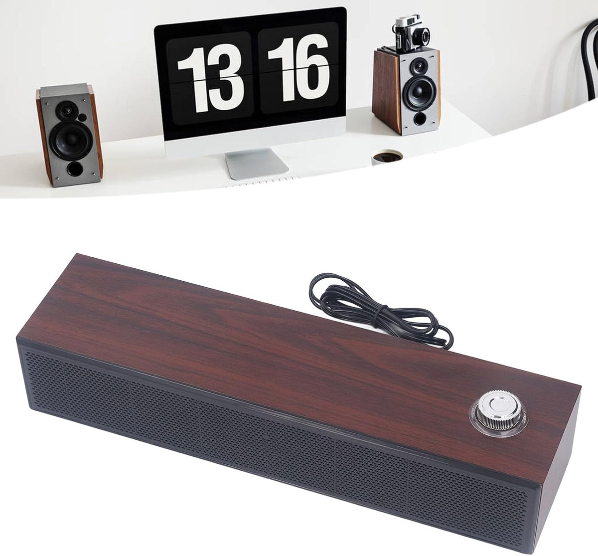 Diyeeni 3.5mm 1.2m Wooden Computer Speaker, USB Powered PC Speakers, HiFi Stereo Sound Computer Sound Bar for Desktop