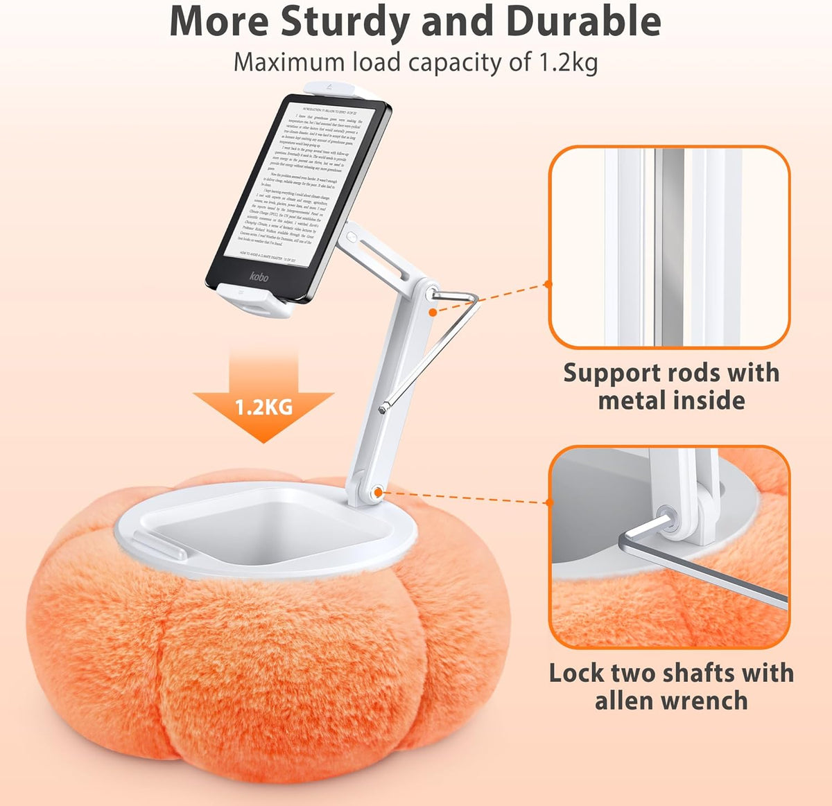 CreaDream Pumpkin Tablet Pillow Stand Holder for Kindle iPad, Adjustable Phone Pillow Stand for Lap Bed with Detachable Snack Bowl, Compatible with 4.7"-13" Tablet, iPad, iPhone, Samsung Tabs, Kindle