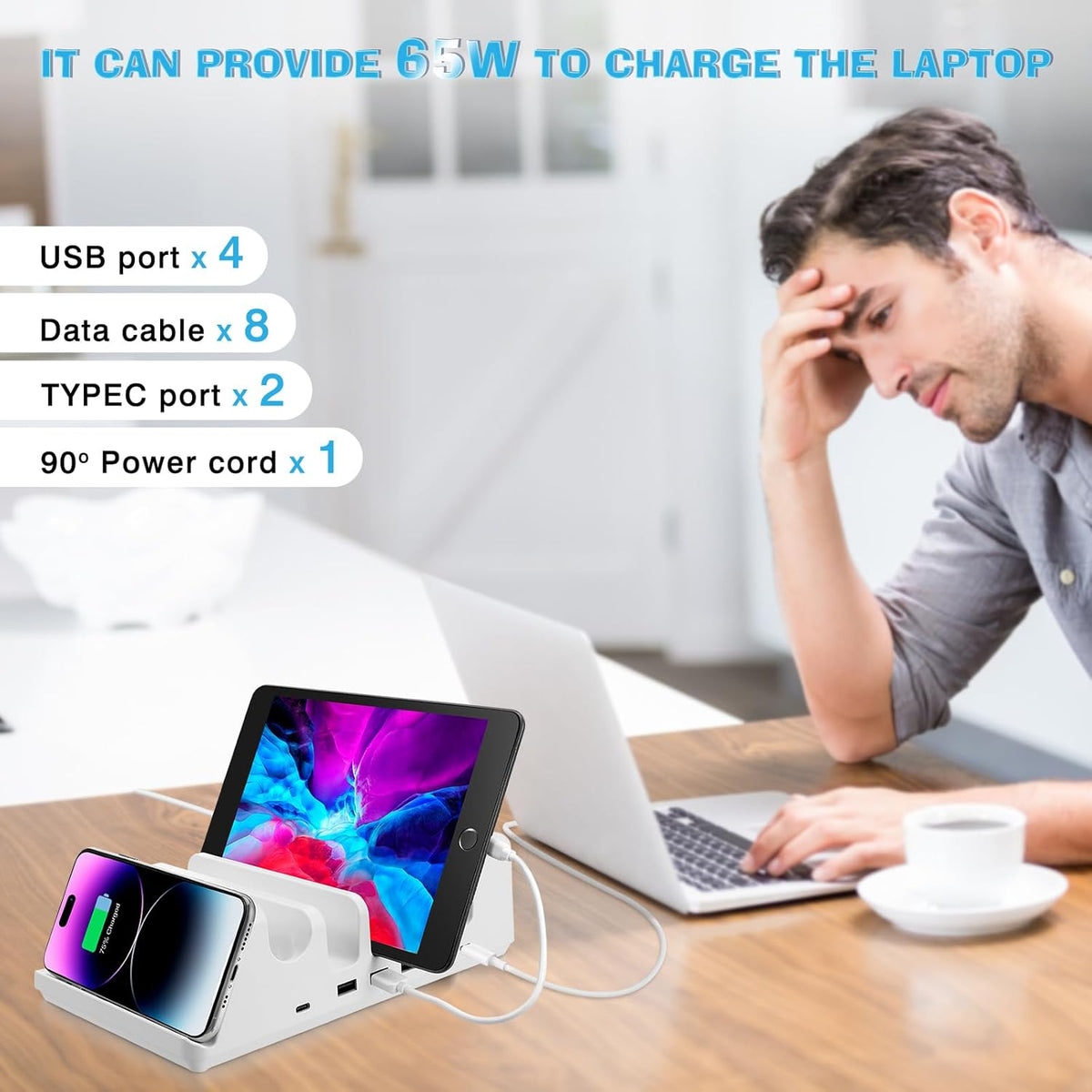 150W 6-Port Charging Station for Home with Fast Wireless Charging for Mobile & Wireless Charging Seats for 2 Airpods (Buds). 65W PD USB-C Port provided for laptops