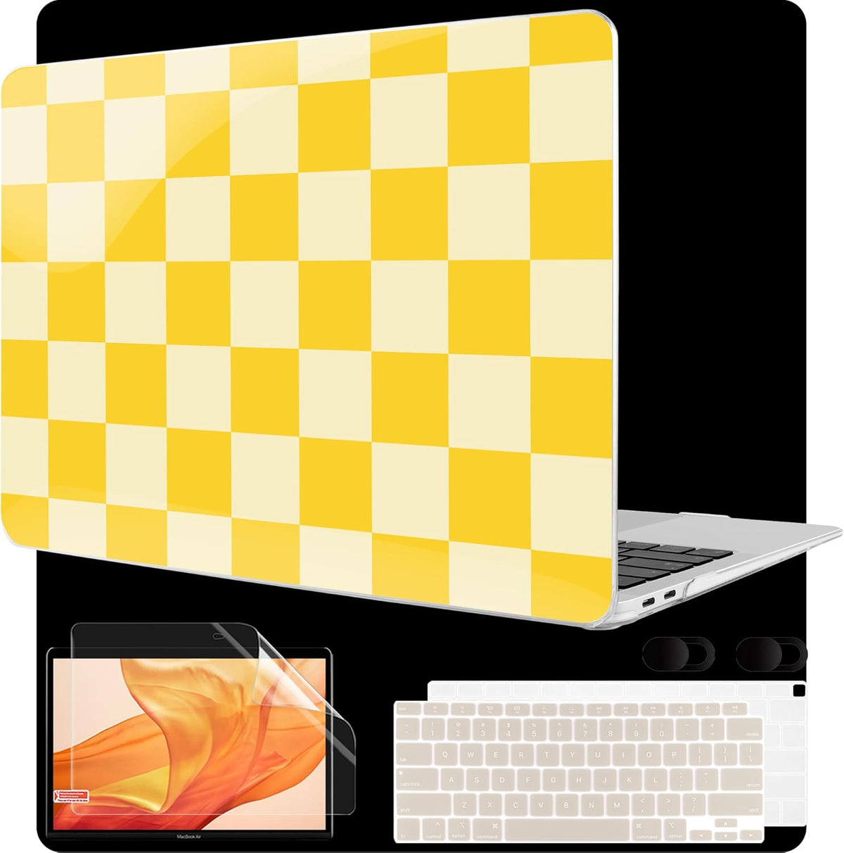 MEEgoodo for MacBook Air 13 inch Case 2021 2020 2019 2018 Released A2337 M1 A2179 A1932 with Touch ID, Plastic Hard Shell & Keyboard Cover Compatible with MacBook Air Case 13.3, Yellow Squares