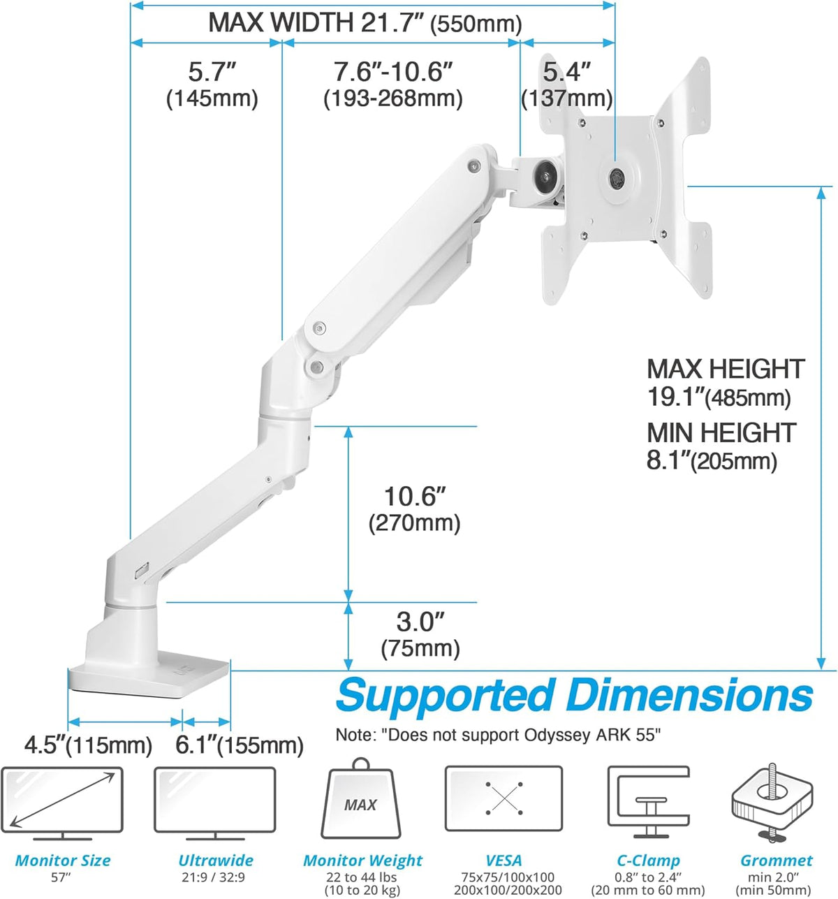 AVLT Single 34”-57” Monitor Arm Desk Mount fits One 44 lbs Heavy Duty Screen Full Motion Height Swivel Tilt Rotation Adjustable White Arm VESA 200x200 200x100 100x100 75x75