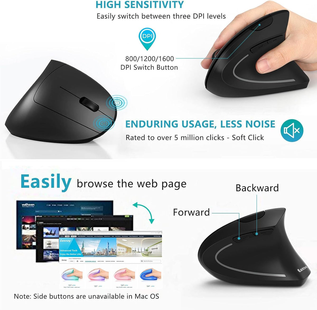 Lekvey Ergonomic Mouse, Vertical Wireless Mouse - Rechargeable 2.4GHz Optical Vertical Mice : 3 Adjustable DPI 800/1200/1600 Levels 6 Buttons, for Laptop, PC, Computer, Desktop, Notebook etc, Black
