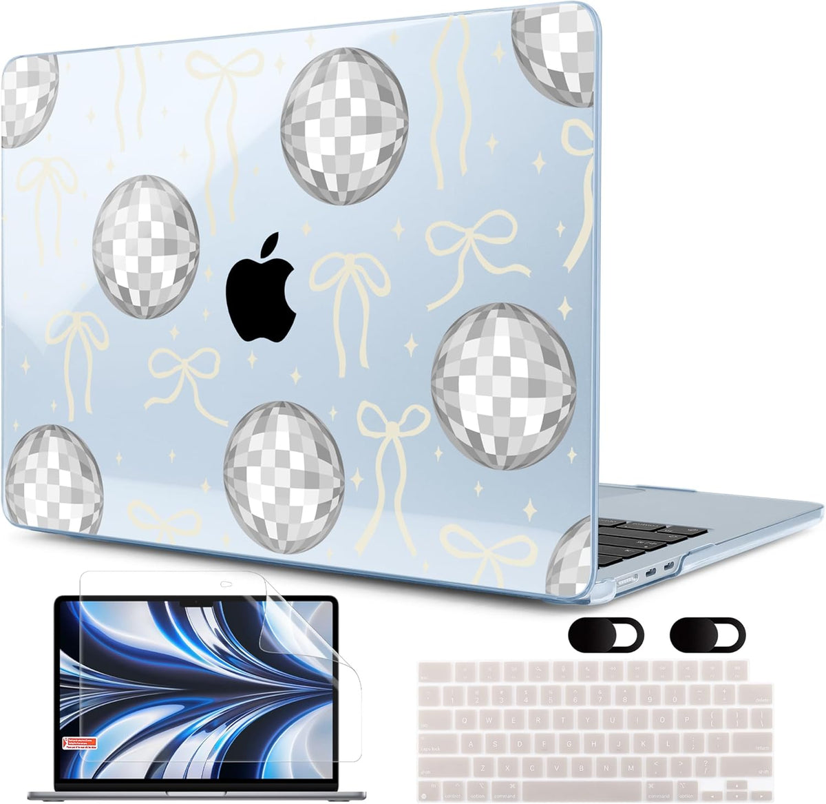MEEgoodo Case for MacBook Air M4/M3/M2 13.6 inch 2025 2024 2022, Fit Model A3240 A3113 A2681, Compatible with MacBook Air 13 inch, Laptop Hard Shell Case with Keyboard Cover, Silver Disco Balls & Bows