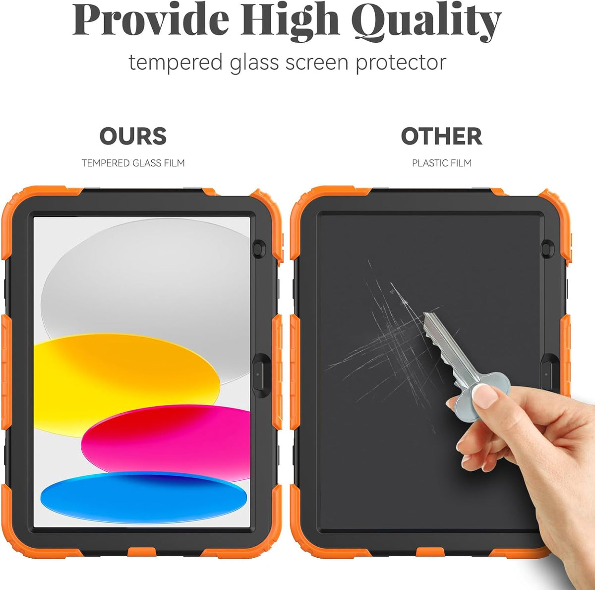 BLOSOMEET Case for iPad A16 11th/10th Generation 11''/10.9'' 2025/2022 with Tempered Glass Screen Protector & Pencil Holder, Rugged Military Grade Cover w/Stand Hand Shoulder Strap, Orange