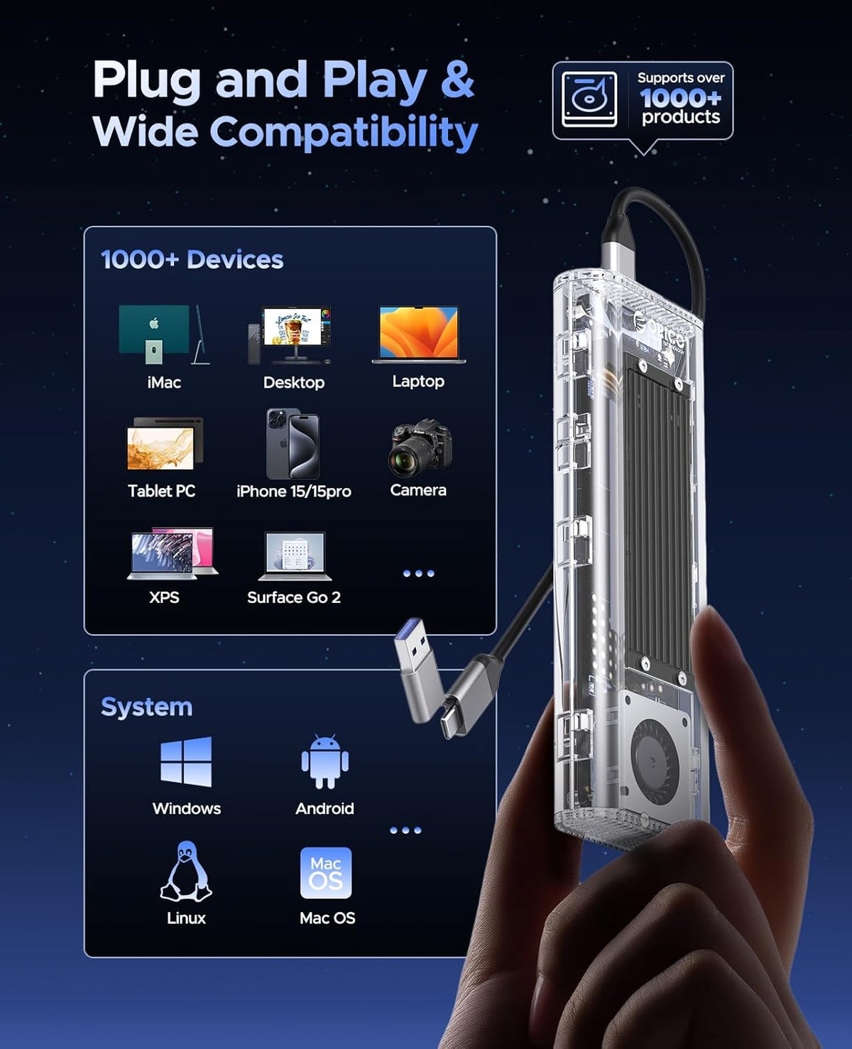 ORICO 40Gbps M.2 NVMe SSD Enclosure with Built-in Cooling Fan, Tool-Free External Hard Drive Enclosure, Support 2230 2242 2260 2280(M Key), Compatible with Thunderbolt 3/4 USB4/3.2/3.1/3.0/2.0-TCM2U4