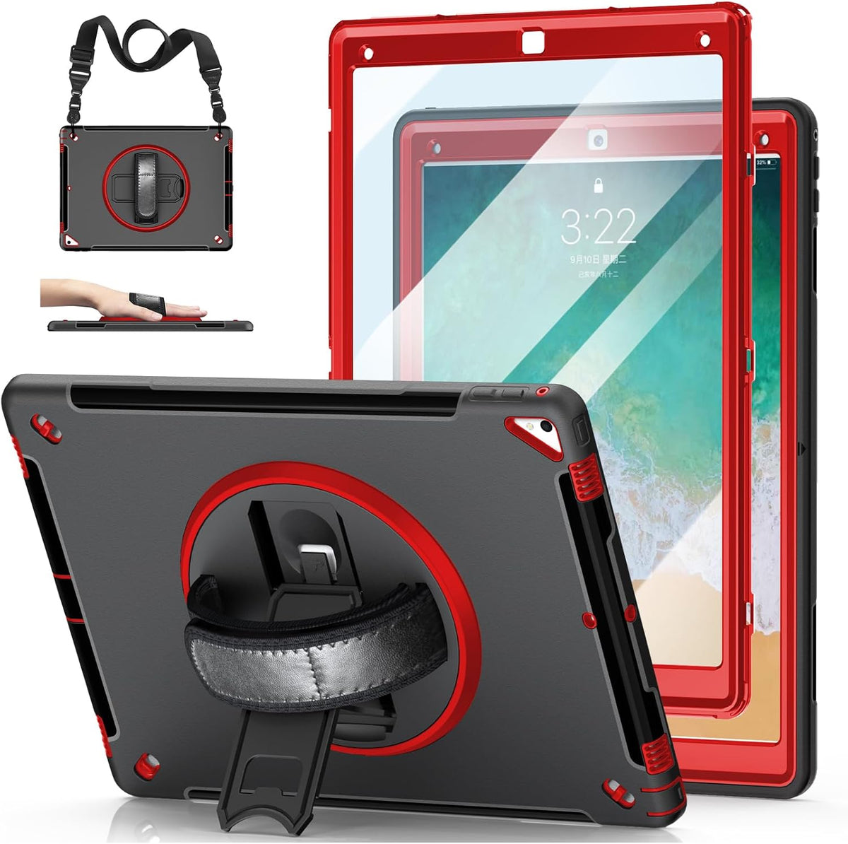 iPad Pro 12.9 Case 2nd Generation 2017 & 2015 1st Generation, Heavy Duty Rugged TPU Protective Cover with Screen Protector- Stand + Handle Hand & Shoulder Strap + Pencil Holder- Red+Black