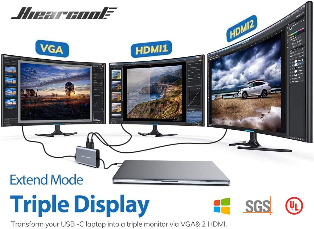 Hiearcool USB C Hub, USB-C Laptop Docking Station, 11IN1 Triple Display Type C Adapter Compatible for Dell Hp Lenovo Windows (2HDMI VGA PD3.0 SD TF Card Reader Gigabit Ethernet 4USB Ports)