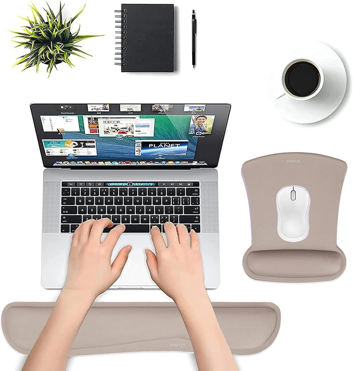 MOSISO Wrist Rest Support for Mouse Pad & Keyboard Set, Ergonomic Mousepad Non-Slip Base Home/Office Pain Relief & Easy Typing Cushion with Neoprene Cloth & Raised Memory Foam, Taupe Brown