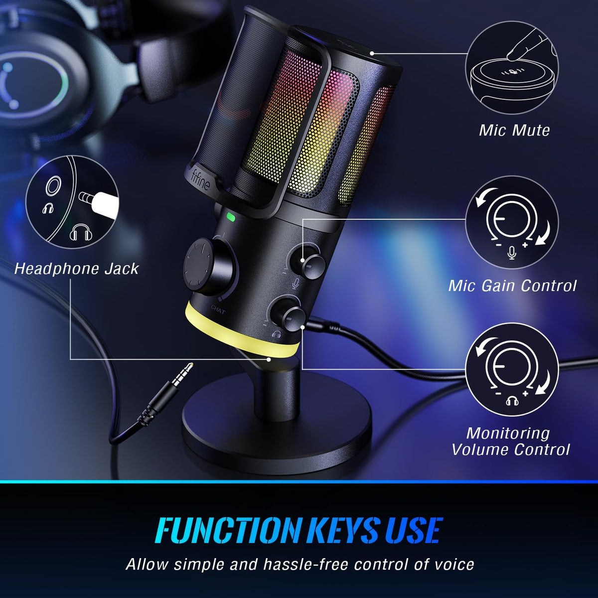 FIFINE Gaming PC Microphone, USB Streaming Microphone with Game Chat Balance, Computer Condenser Desktop RGB Mic with Mute Button, Noise Cancellation for Podcast/Twitch/Discord-AMPLIGAME AM6