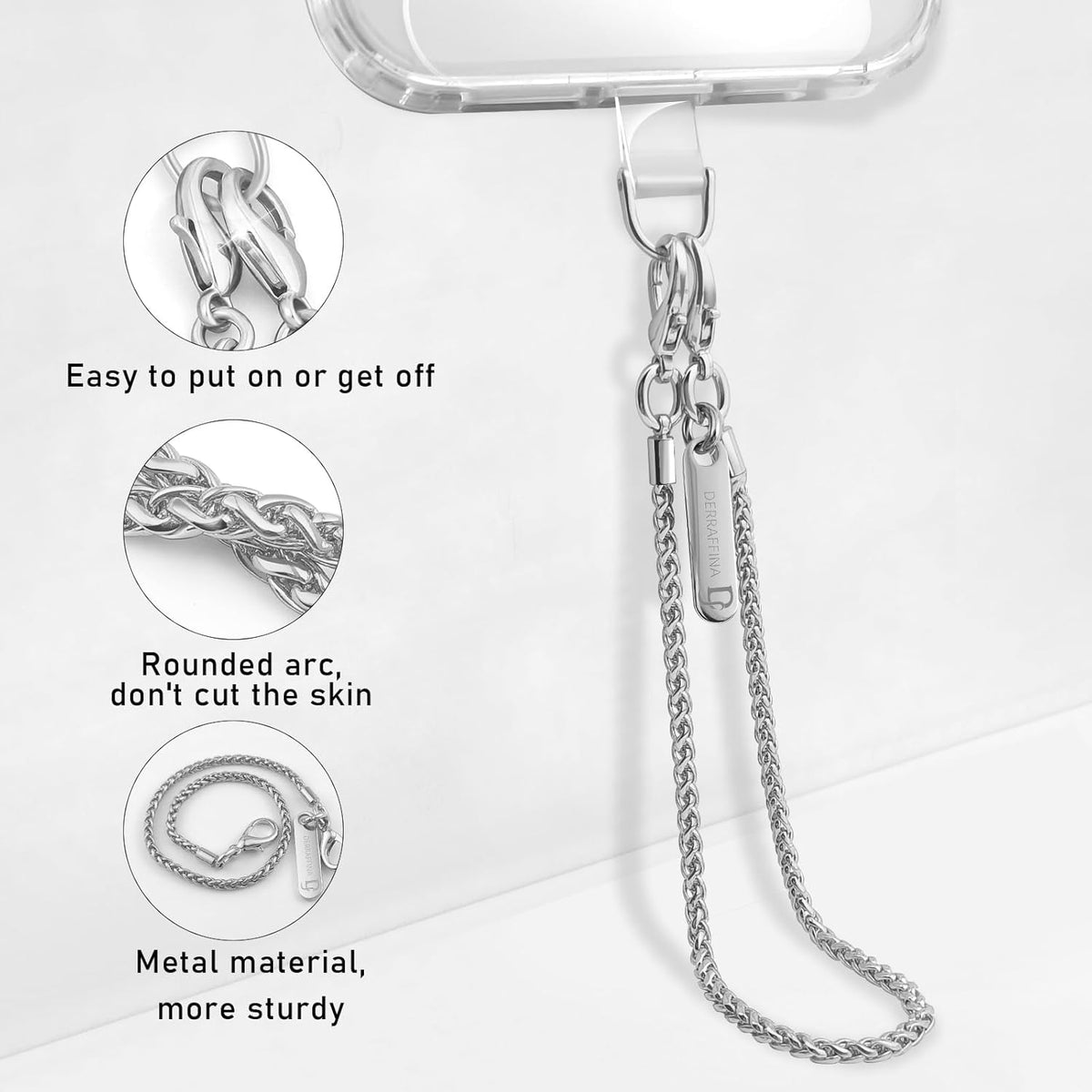 Metal Phone Chain, Crossbody Detachable Phone Lanyard with 1*Wrist Strap & 2* Tether Tabs for iPhone and Smartphones (Silver,Extend)