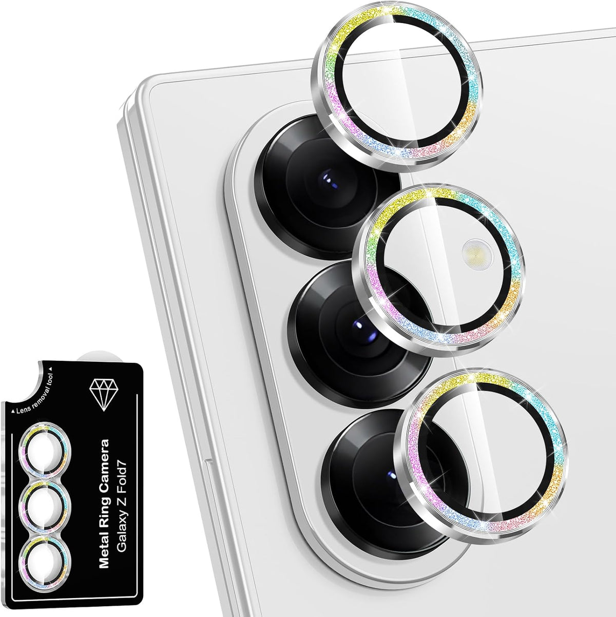 for Samsung Galaxy Z Fold 7 Camera Lens Protector, Individual Metal Ring Tempered Glass Lens Cover, [Strong Adsorption] Scratch Resistant Ultra-Thin HD Clear Lens Cover, 1 Set-Colorful Sparkly