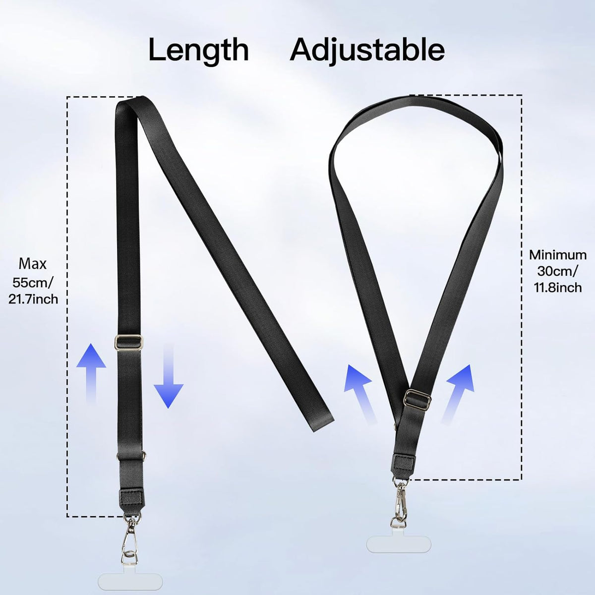 Adjustable Crossbody Cellphone Lanyard for iPhone, Includes 2 Lanyard,2 Pcs TPU phone tether tab, Black＋Clear