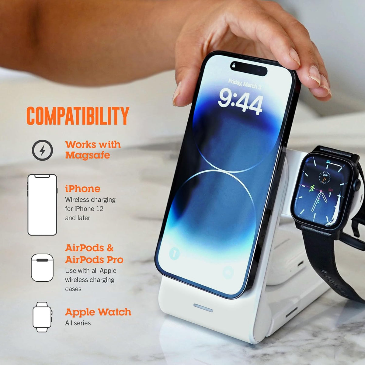 STM ChargeTree Mag: 3-in-1 MagSafe Wireless Charging Station for iPhone 16, 15, 14, 13, & 12 Series, Apple Watch, and AirPods - Foldable and Space-Saving Dock - Black
