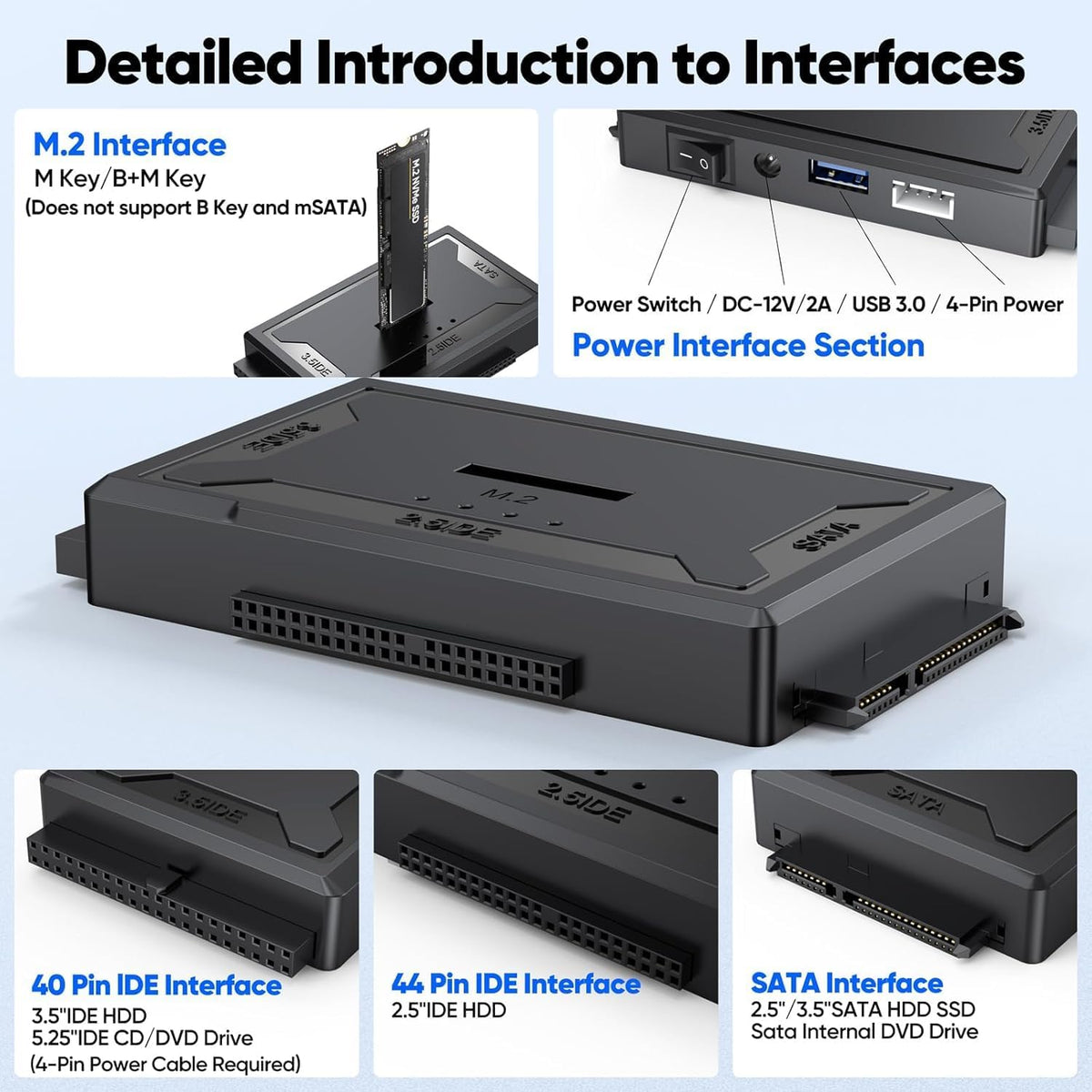 FEMORO 4-in-1, M.2 10Gbps 12V/2A M.2 2.5" 3.5" Hard Drive Reader SATA IDE to USB Docking Station, NVME Dock, Computer