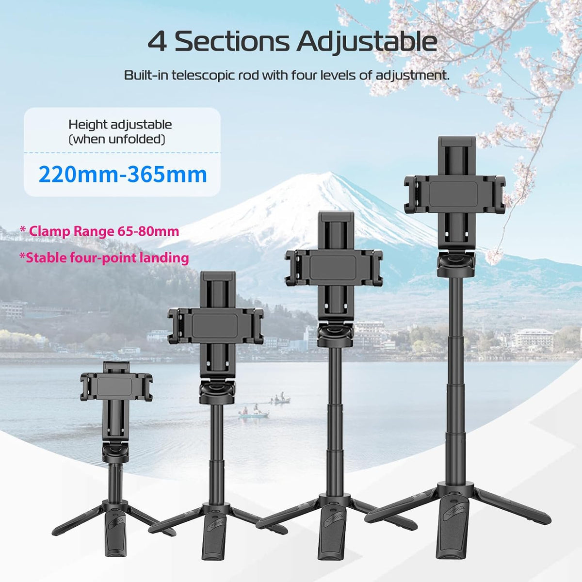 ULANZI JJ02 Selfie Stick Tripod, Extendable Grip Phone Tripod with Detachable Remote Pocket Size, 3-in-1 Mini Phone Grip 2 Cold Shoe, 10m/393.7'' Wireless Shutter, Vlog Livestreaming Photography