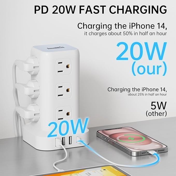 Power Strip with 12 Outlets 4 USB (1 USB C), 16.5Feet Extension Cord with Multiple Outlets, Charging Station, Power Strip Tower, Home Office Desk Supplies
