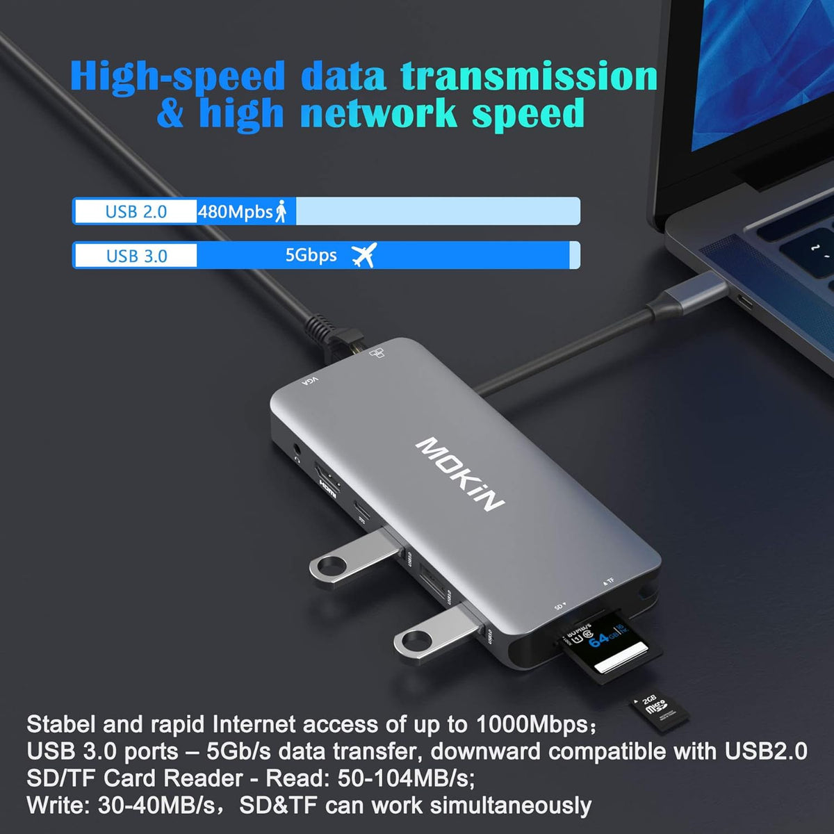 USB C Hub Multiport Adapter-10 in 1 Portable Dongle with 4K HDMI, VGA, Ethernet, 3 USB Ports, Audio, PD Charger, SD/Micro SD Card Reader Compatible for MacBook Pro, XPS More Type C Devices.