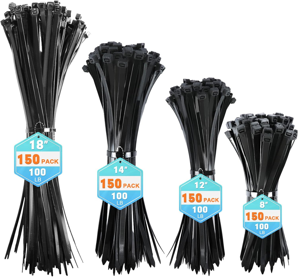 600 Pack (8+12+14+18Inch) 100lb Zip Ties Assorted Sizes, RAZCC Black Cable Ties, Self-Locking Plastic Wire Ties