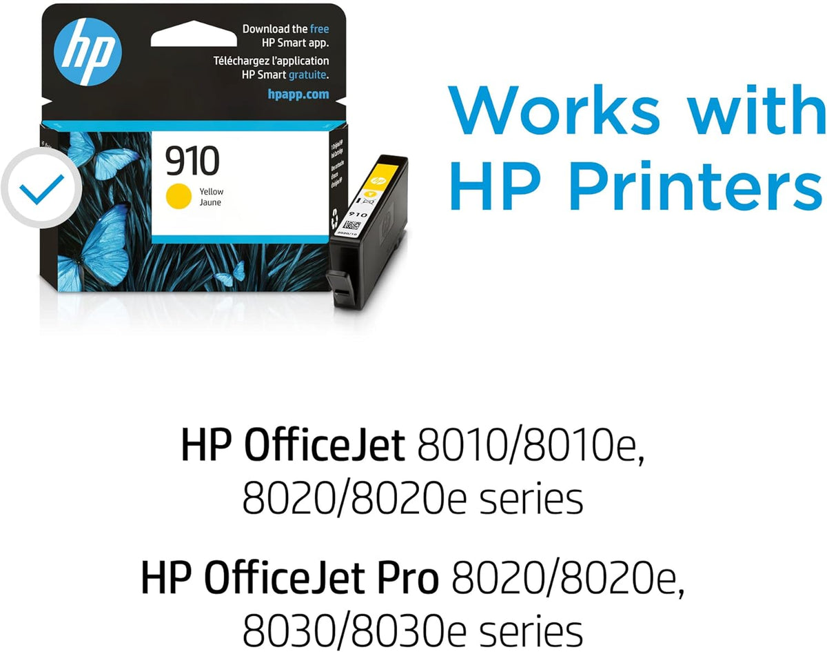 HP 910 Yellow Ink Cartridge | Works with HP OfficeJet 8010, 8020 Series, HP OfficeJet Pro 8020, 8030 Series | Eligible for Instant Ink | 3YL60AN