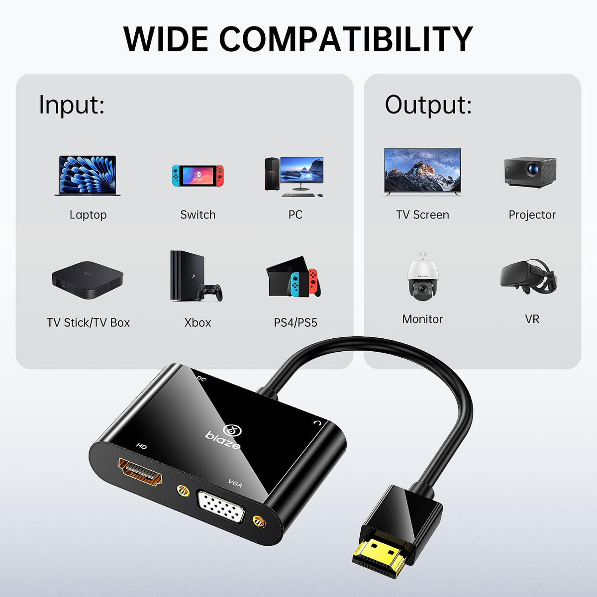 1080P HDMI to VGA and HDMI Adapter, Dual Output Video Converter with Audio, USB-Powered HDMI Splitter for Laptop, TV