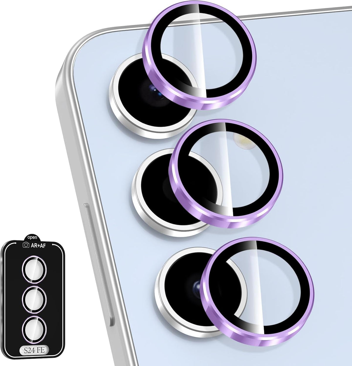 for Samsung Galaxy S24 FE Camera Lens Protector, Individual Metal Ring Tempered Glass Lens Cover, [Strong Adsorption] Scratch Resistant Ultra-Thin HD Clear Lens Cover, 1 Set-Purple Ring