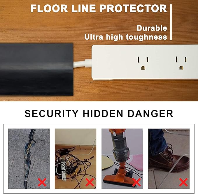 20Ft Floor Cord Cover Silicone Cable Protector Easy to Install Wire Organizer and Hider for Home, Office, Garage (Black-2PCS 10Ft, Total 20Ft)