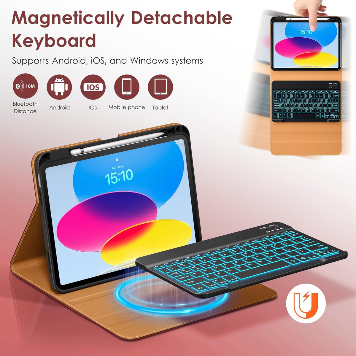 DTTO for iPad 11th (A16)/ 10th Generation Case with Keyboard (2025/2022), 7 Colors Backlit Wireless Detachable Keyboard Leather Folio Cover with Pencil Holder & Pocket, Burgundy Red