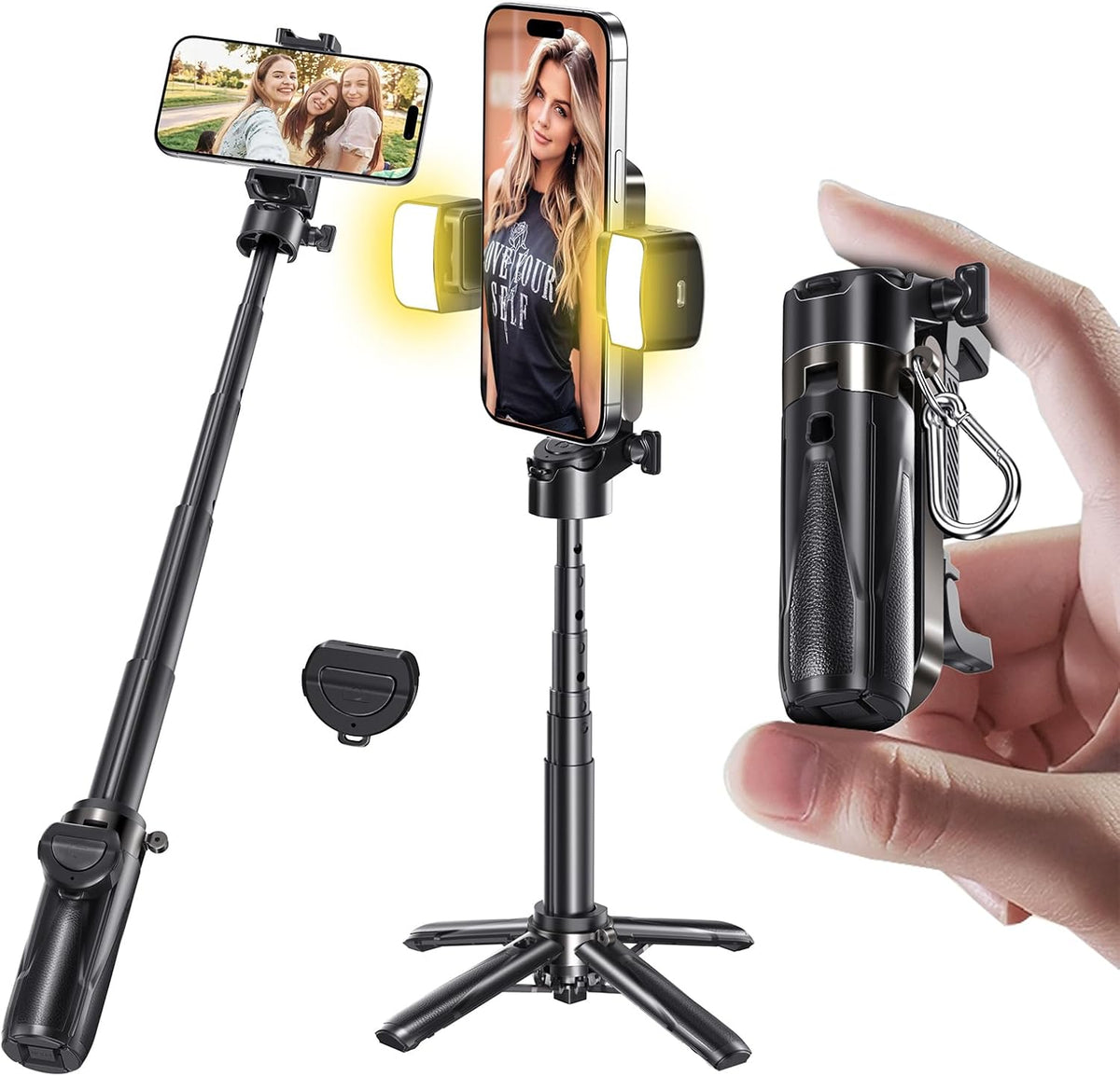 MAGIC JOHN Phone Tripod, Portable Selfie Stick, Pocket Size Tripod for iPhone, Selfie Stick with Wireless Detachable Remote Control & 2 Fill Light for Photograph, Live Streaming, Video Recording