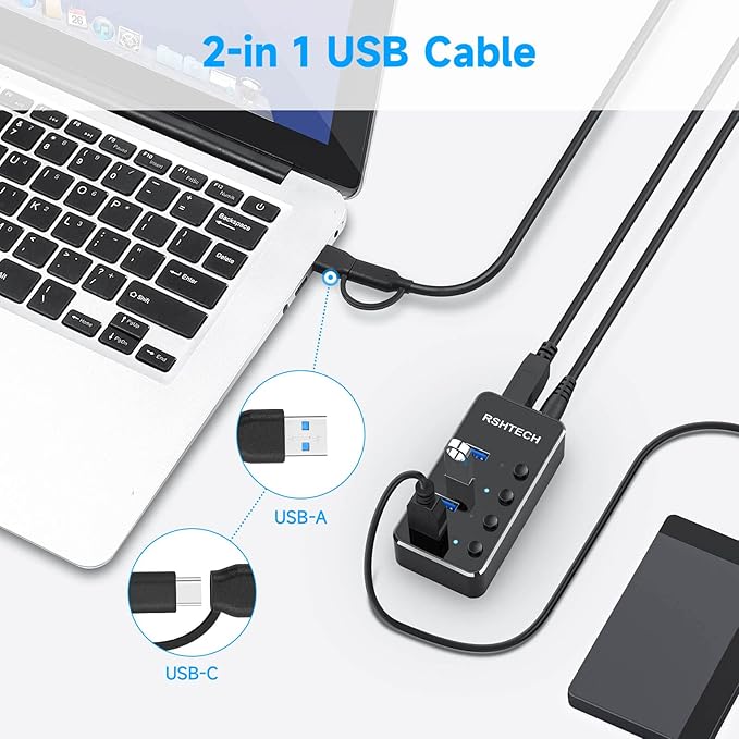 RSHTECH 4 Port Powered USB 3.0/USB C Hub Upgraded Version with 2-in-1 3.3ft USB Cable5V Power Adapter and Individual Switches Portable Aluminum USB Splitter for Laptop and PC RSH-ST04