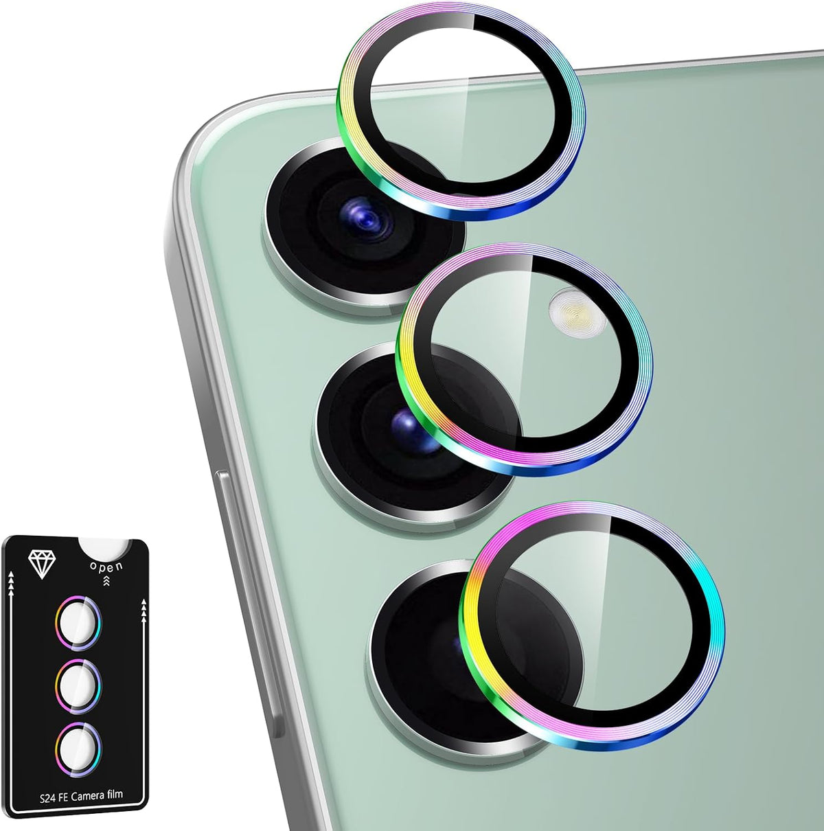 for Samsung Galaxy S24 FE Camera Lens Protector, Individual Metal Ring Tempered Glass Lens Cover, [Strong Adsorption] Scratch Resistant Ultra-Thin HD Clear Lens Cover, 1 Set-Colorful