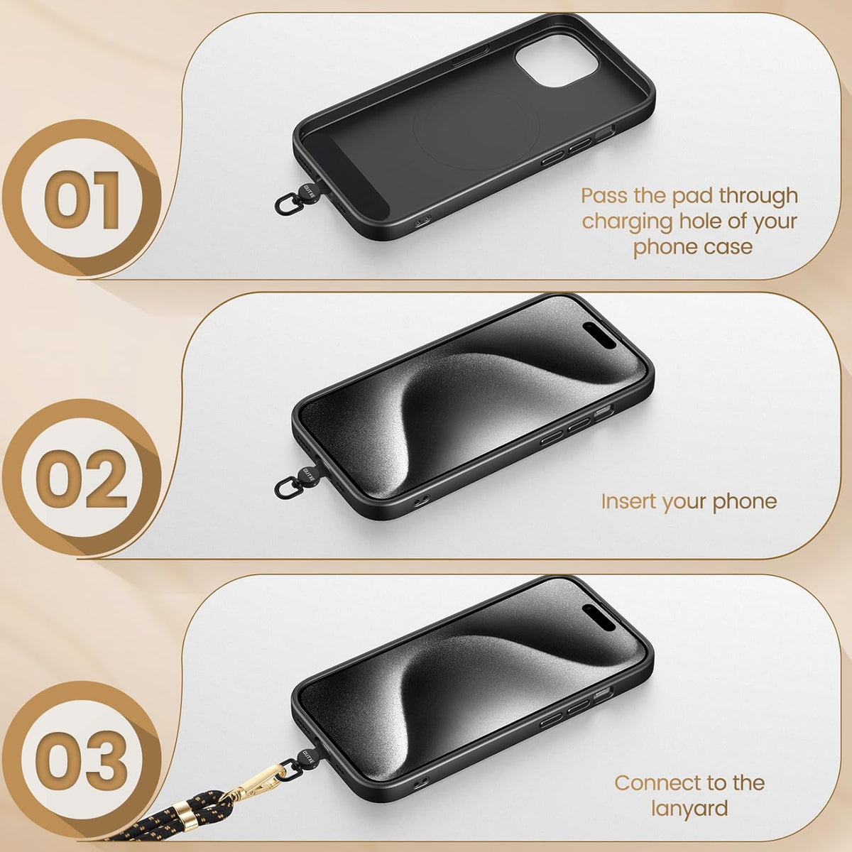 OUTXE Phone Tether Tab Rotatable 360°, 4 Pack Phone Lanyard Patch for Phone Strap Compatible iPhone & Other Cell Phone (Black)