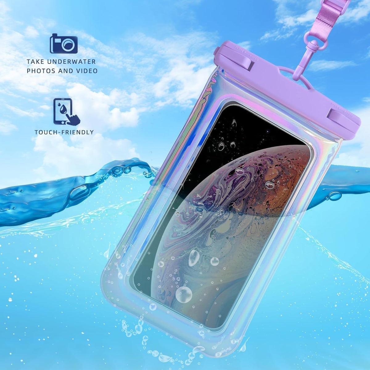 Floatable Waterproof Phone Pouch Case 2 Pax for iPhone 16 Pro Max/15/14/13/12, IP68 Travel Cellphone Dry Bag Beach Cruise Ship Essentials Bags with Crossbody Lanyard, Iridescent Purple and Black-7″