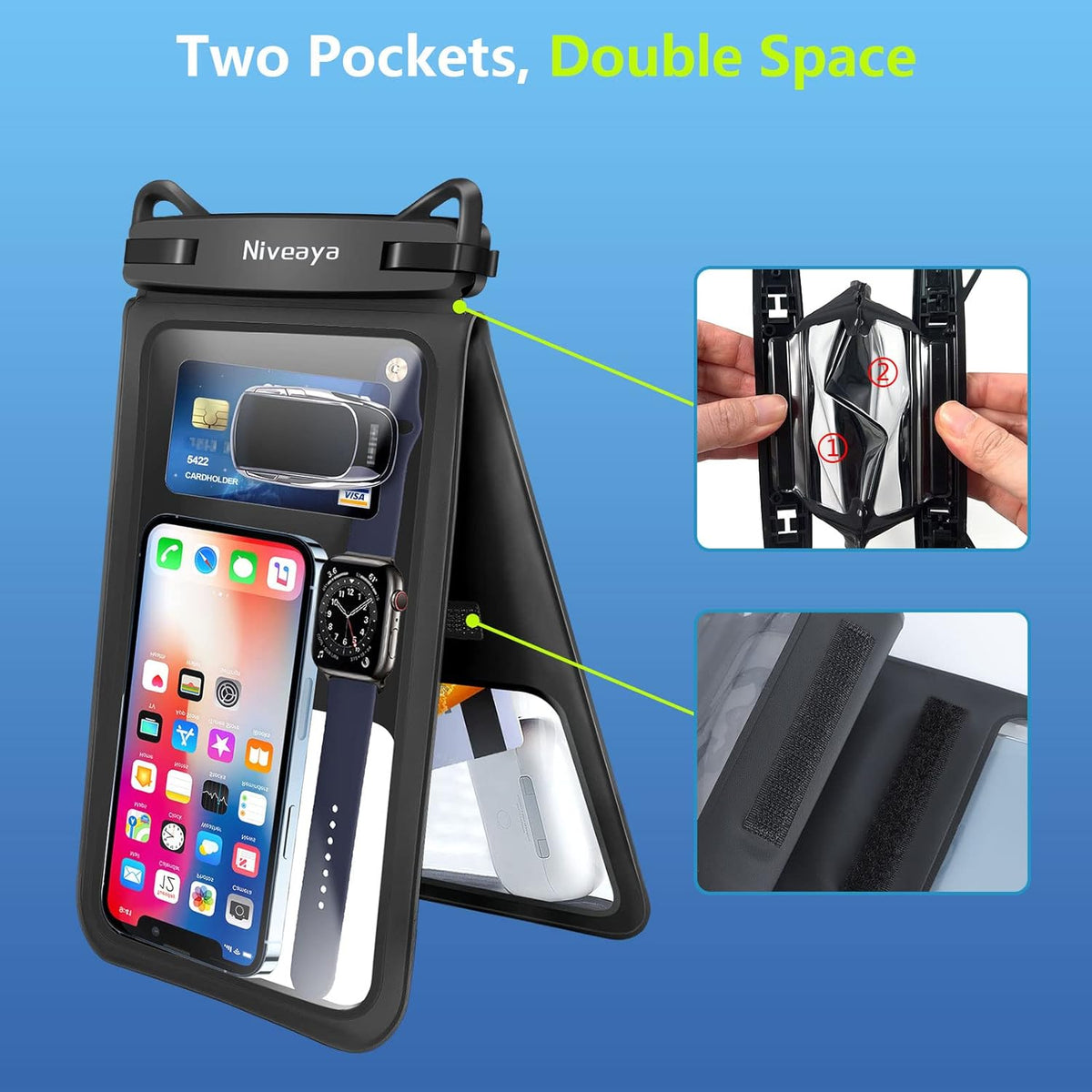 Niveaya [Up to 10.5"]Waterproof Phone Pouch - 2 Pack, Waterproof Phone Lanyard Case with iPhone 16/15/14/13/12 Pro Max up to 9.5", Phone Dry Bags for Vacation Beach Pool Kayak Cruise Travel Essentials