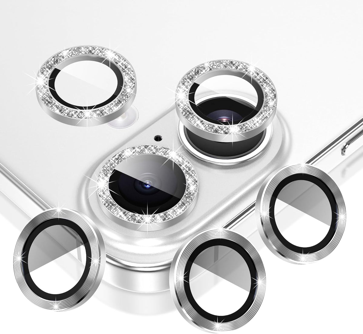 AGVEE 3+3 6 Pack for iPhone 16 6.1" / 16 Plus 6.7" Camera Lens Cover Protector, Bling Glitter & CD-Textured Metal Ring 9H Tempered HD Glass Camera Cover Protector Film, Glitter-Silver
