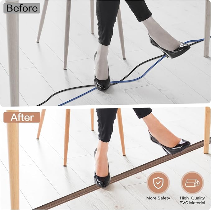 Floor Cord Cover Self Adhesive Cord Hider Floor Extension Cord Covers for Floor Power Cord Protector Cable Management Prevent Cable Trips Cable Cavity 0.59" W x 0.31" H (Smoked Brown Wood, 20Ft)