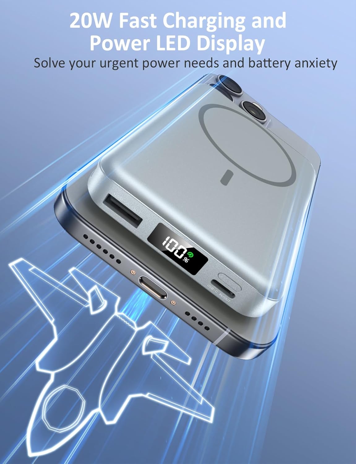 Magnetic Portable Charger, 10000mAh Power Bank, 5 in 1 Portable Charger with Built in Cable, 20W Fast Charging for Magsafe Battery Pack Compatible with iPhone 16/15/14/13 Pro/Pro Max, Samsung Series