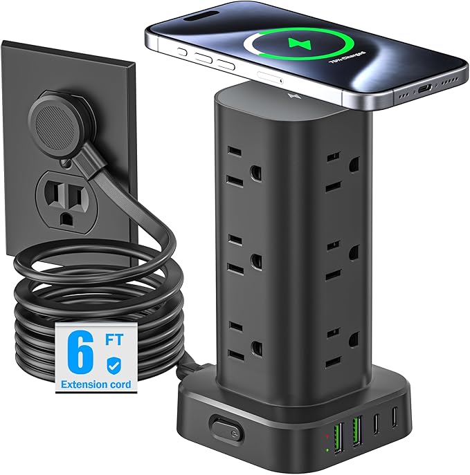 Tower Power Strip with 15W Wireless Charger, 6FT Flat Plug Extension Cord with Multiple Outlets, 12 AC Outlets, 4 USB Ports (2 USB C) Charging Station Surge Protector for Office Home Dorm Room (Black)