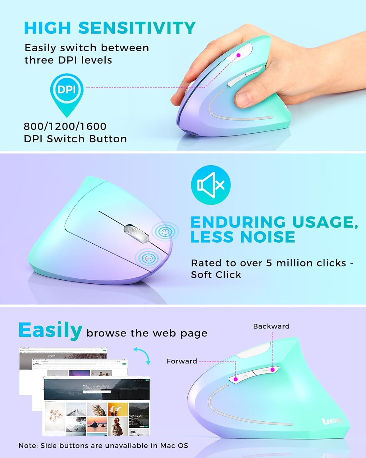 Lekvey Ergonomic Mouse, Vertical Wireless Mouse, Rechargeable 2.4G Optical Carpal Tunnel Mice: 800/1200 / 1600 DPI, 6 Buttons, for Laptop, PC, Computer, Desktop, Notebook etc, Green Purple