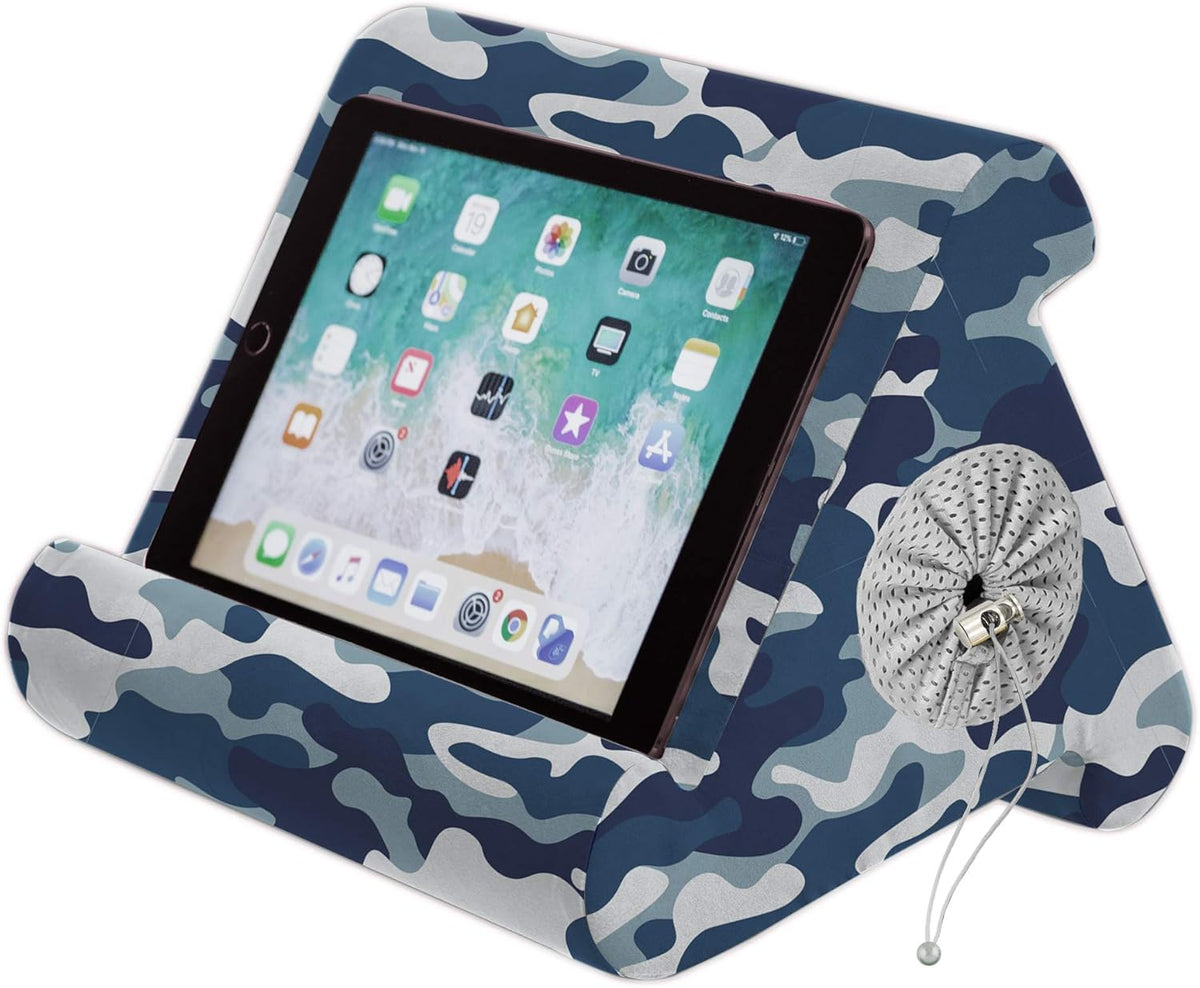 Flippy Tablet Stand with Cubby Storage and Multi-Angle Viewing for Home, Work & Travel. Our Tablet Holder Has Storage for Your All Your Personal Items. (Blue Camou)
