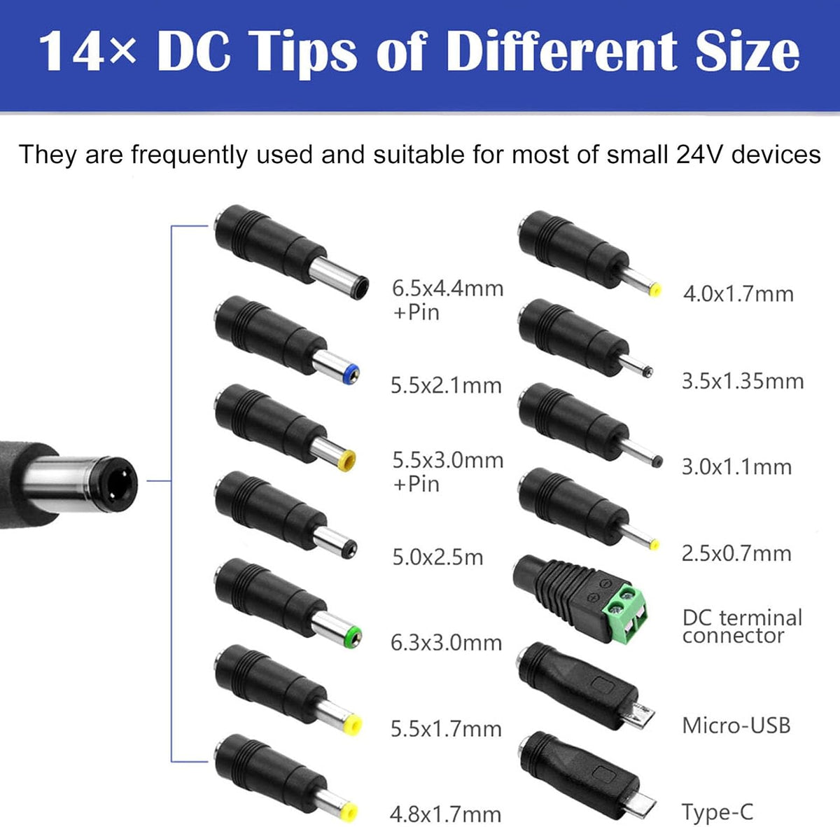 Gilivier 24V 24V 6.2FT 100-240V 50/60Hz 24Volt 48W 2A 1.5A 1A 0.5A 5.52.5mm&14 Power Supply AC Adapter DC Power Cord