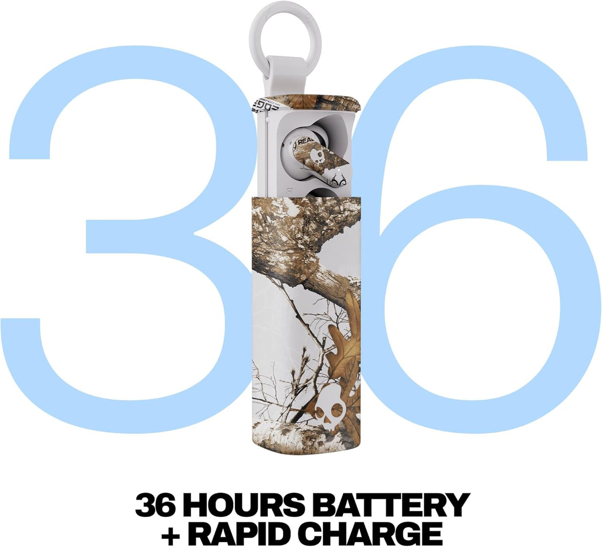 Skullcandy Dime Evo Wireless Earbuds, Bluetooth Headphones, Noise Isolating Fit, Up to 36 Hours Battery, Microphone for iPhone Android, Easy Carry with Clip-Anywhere Case - Realtree Edge Colors White