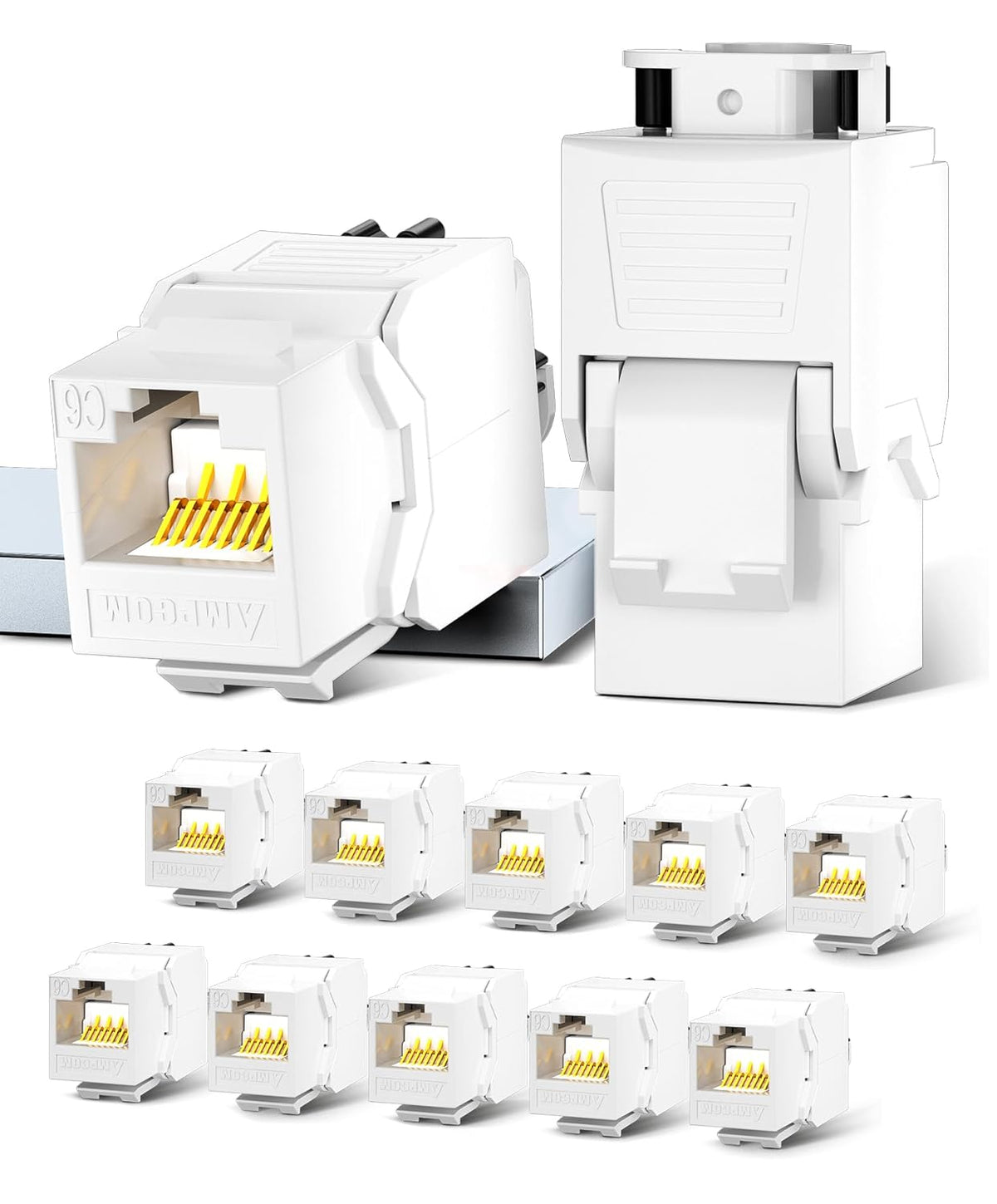 AMPCOM CAT6 RJ45 Keystone Jack - Reusable UTP Ethernet Wall Jack with Adjustable Ratchet Lock Design, No Tool and Zip Tie Required - 50u Gold Plated - White (12-Pack)