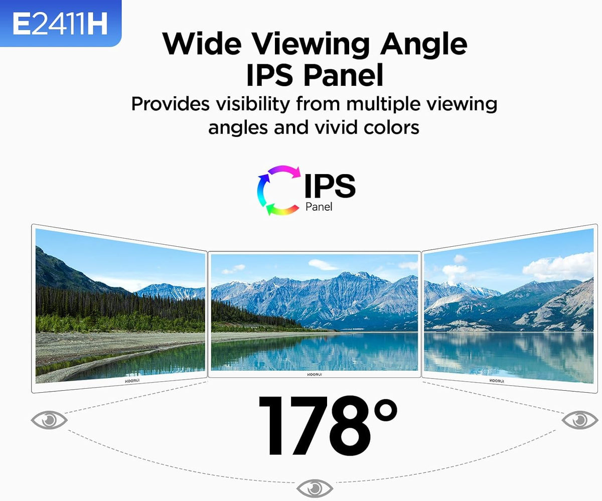 KOORUI 24 inch Monitor 120Hz, Full HD 1920 * 1080p IPS Ultra-Thin Computer Monitor, 99% SRGB Color Gamut, VESA 100 * 100mm Mountable,Tilt Adjustable,HDMI & VGA Ports,Black, E2411H
